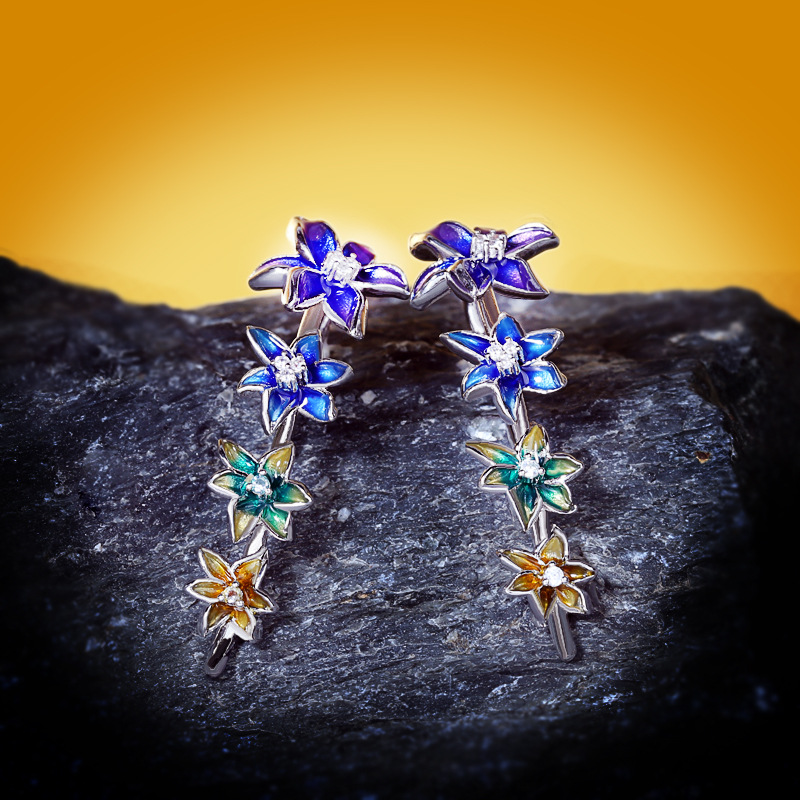 Silver Tone Gradient Enamel Flower Linear Drop Earrings With CZ Accents Artistic And Colorful Outfit Accessory Gift For Her Exquisite And Eye-Catching