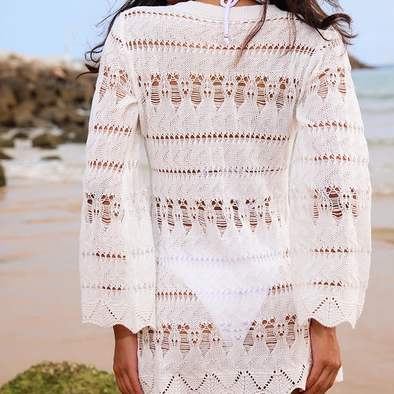 Style Round Collar Texture Horn Sleeve Short Dress Knitted Hollow Out Sexy Swimsuit Cover Up Stylish Sunscreen Beach 250807