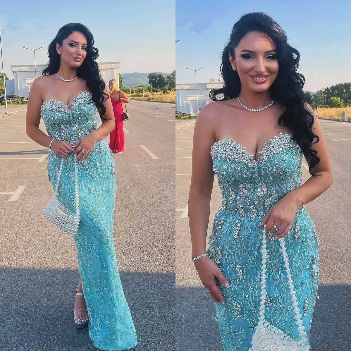 Gorgeous Strapless Evening Dresses Crystal Beading Prom Dress Rhinestone Pearls Sleeveless Mermaid Party Gowns Vestidos De Noche Plus Size