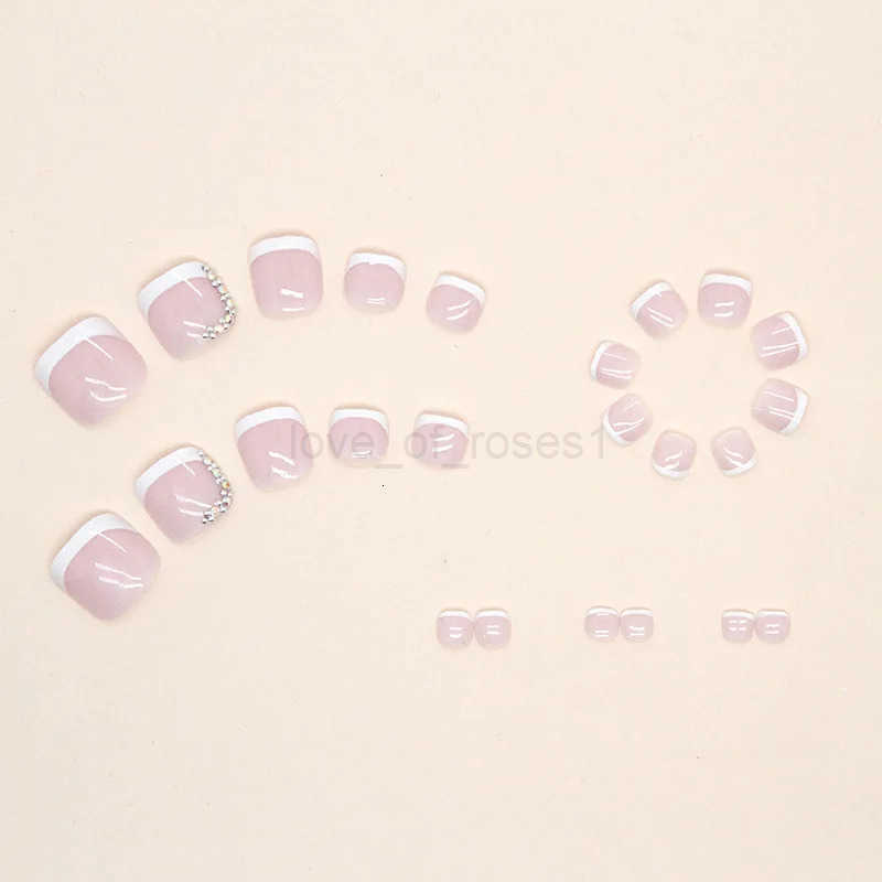 Summer Simple White French Wearable Nail Tip Art Shiny Rhinestone Toe False Nail Glue Short Flat Shape Artificial Fake Toenails Z250807