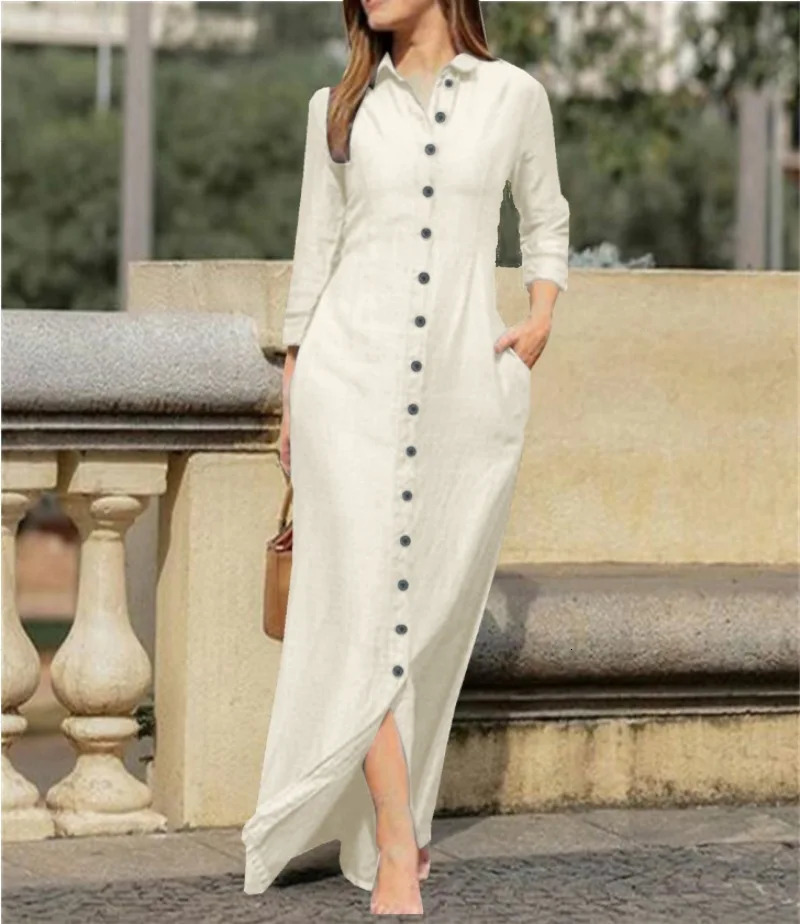 Elegant and Fashionable Neutral Style Long Sleeved Cardigan Solid Color Long Cotton and Linen Dress Temperament Party Dress 250806