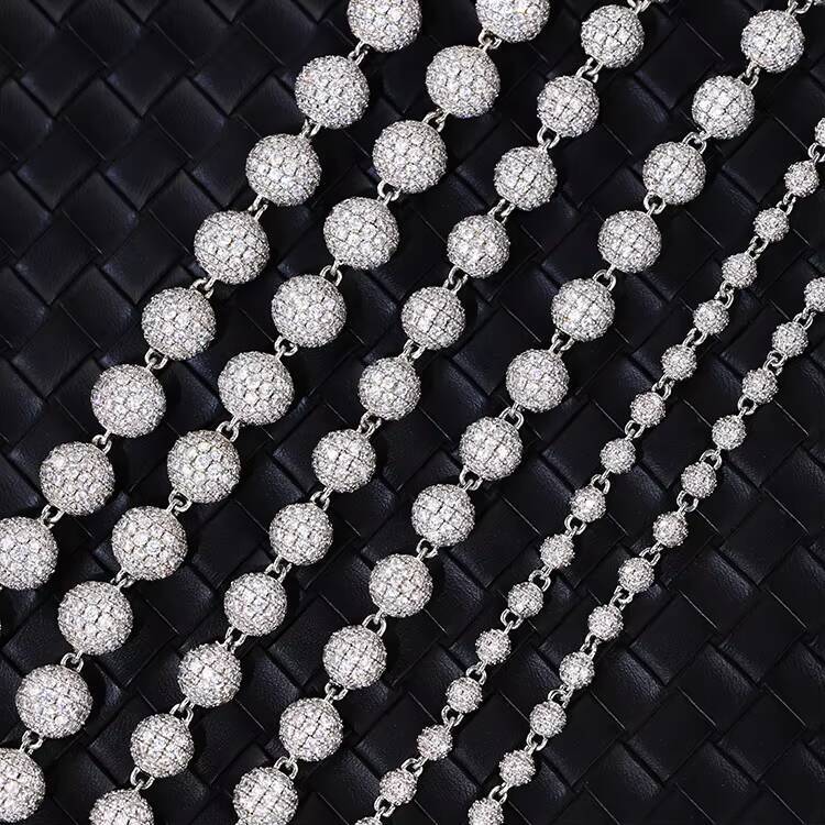 New Style Hiphop Fashion Ball Chain Necklace 4mm 8mm 10mm Solid 925 Silver Iced Out Moissanite Diamonds Ball Moissanite Chains