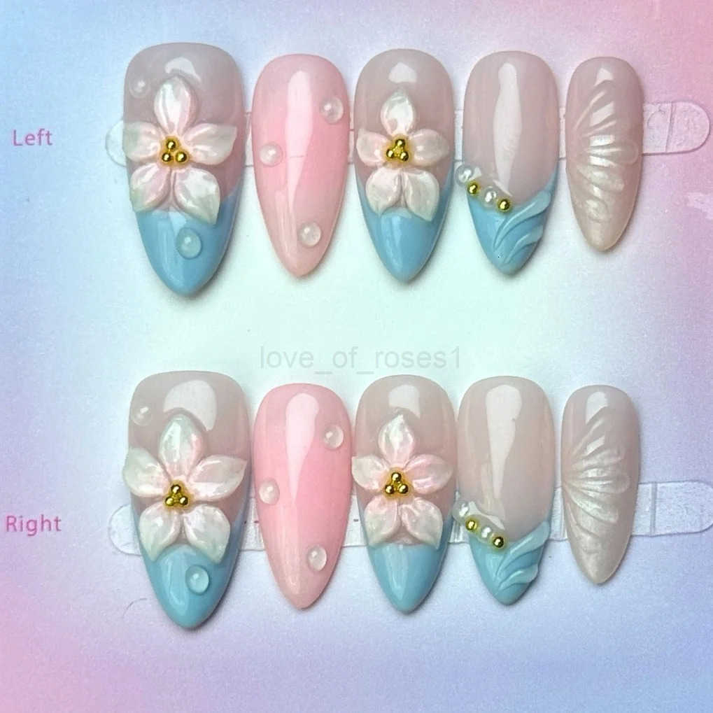 10pcs Blue French Style Handmade Press On Nails Sweet White Camellia Designs Summer Fake Nail Blush Pink Almond False Nails Z250807