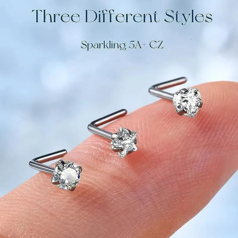 1 pc Peach Shape Heart Star Shiny Zircon Stainless Steel L-Shape Small Nose Ring Nose Studs Punk Nose Piercing Jewelry 250805