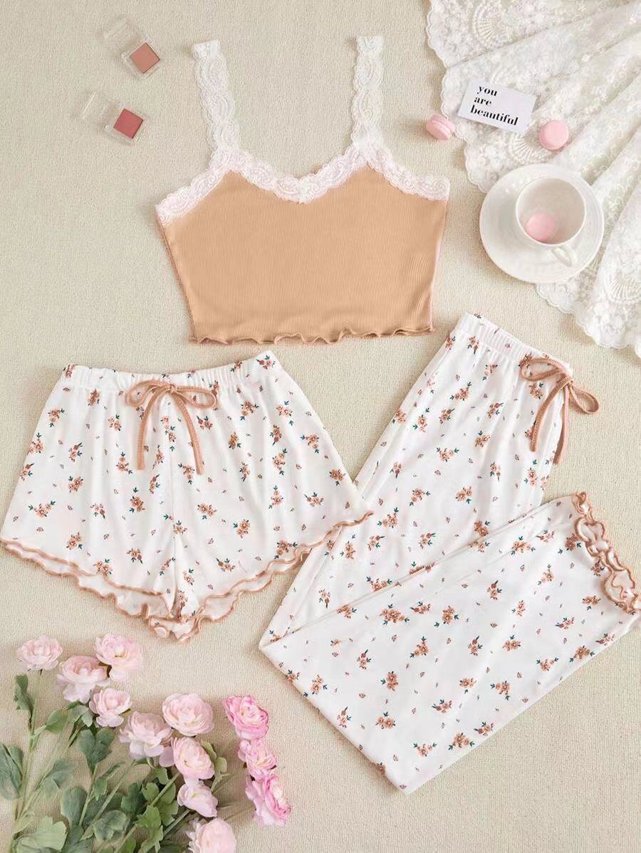 B1009-Home wear suit with lace and sexy camisole top, short pants, three-piece pajamas for women