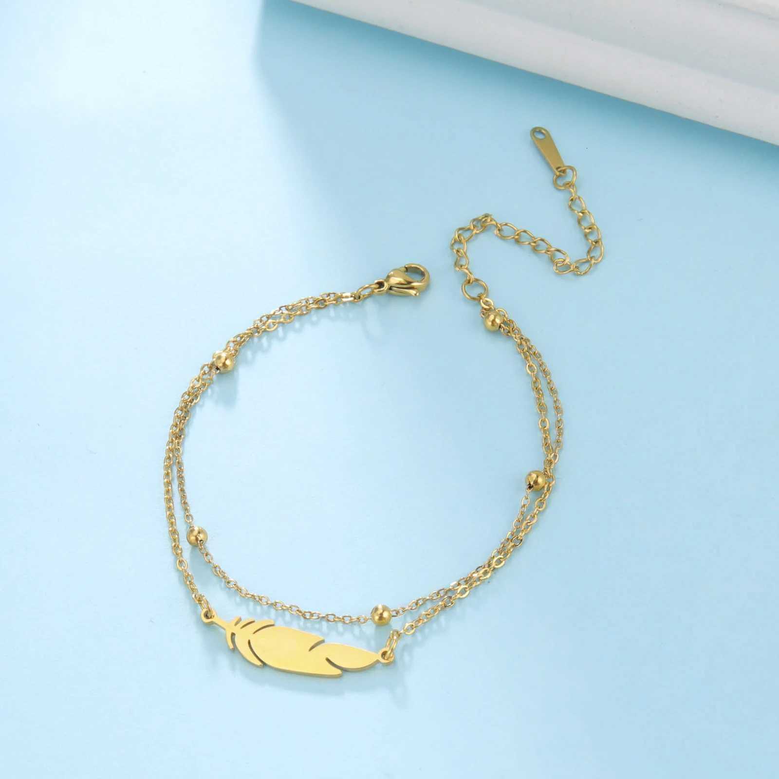 Kkjoy Ankles of Women Men Silver Color Feather Stainless Steel Double Foot Chain Beach Style Trendy Female Jewelry Accessories Y250805