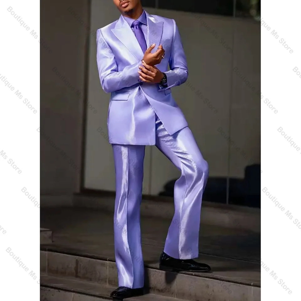 Purple Satin Single Breasted Men Suit Two PiecesJacketPants Outfits Casual Party Prom Wedding Set 250807
