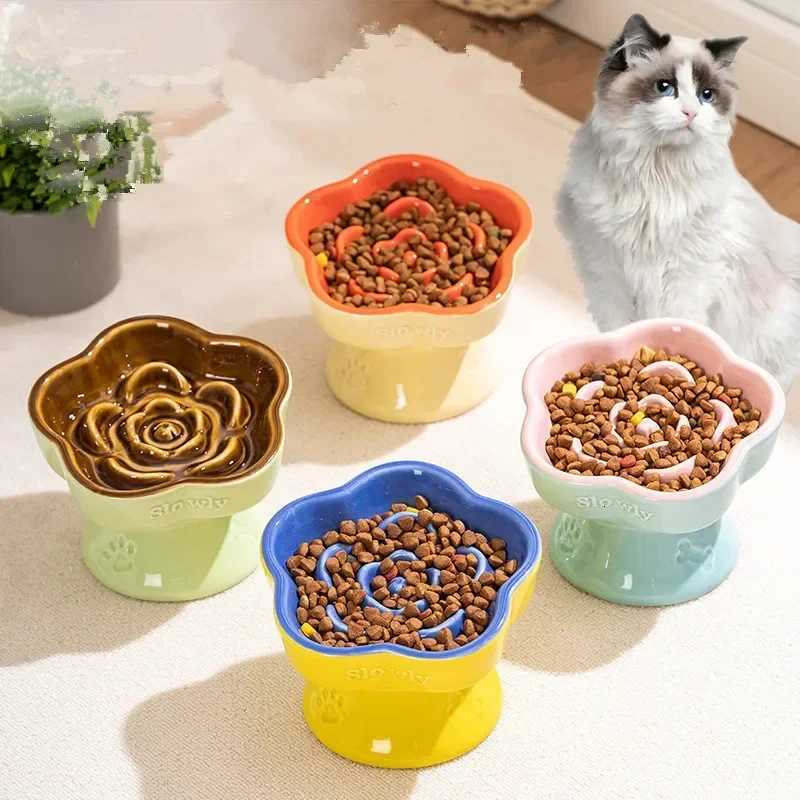 New Pet Feeding Slow Bowl Creative Flower-Shaped Dog Cat Feeder Ceramics Water Bowl Kitten Food Container Pet Accessories Y250806