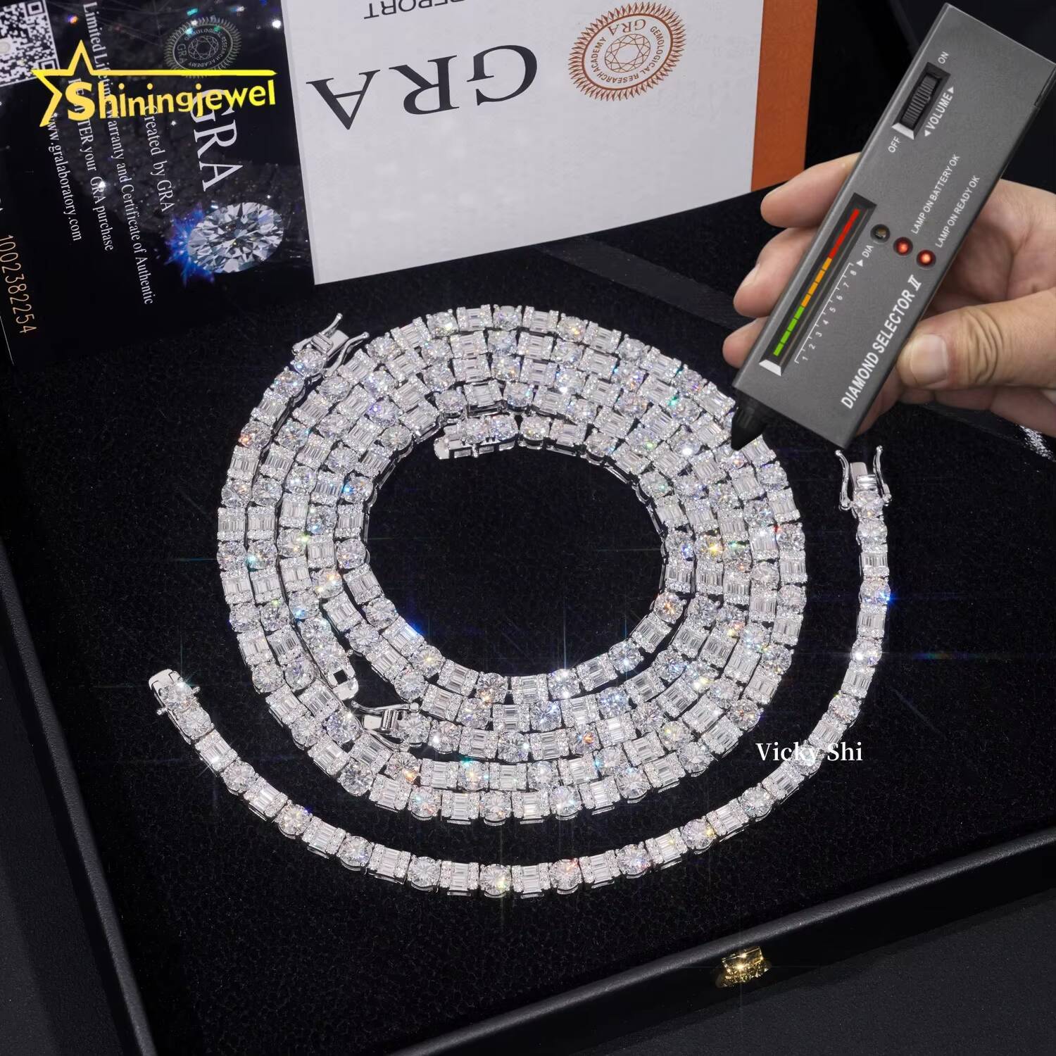 Trendy 925 Sterling Silver Tennis Chain Moissanite Jewelry GRA Certificated Emerald Cut Moissanite Tennis Necklace Men Women