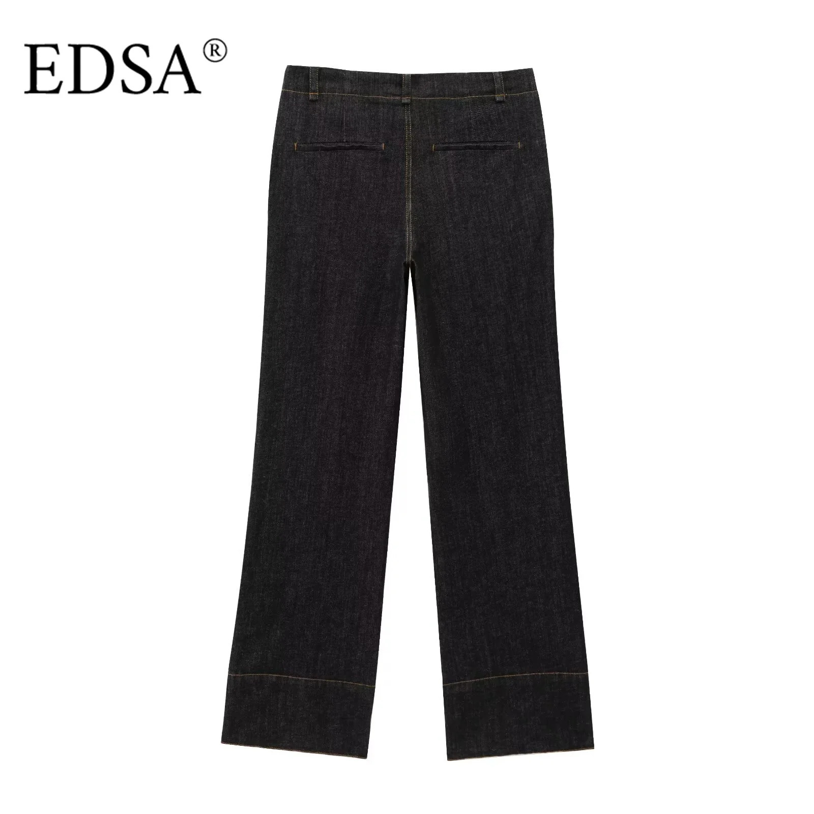 EDSA Women Black Denim Pants Set Fitted Shirt with Patch Pockets Pintuck Straight Leg Jeans Long Suit 250729