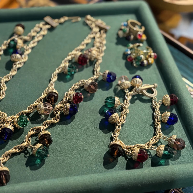 Vintage Multicolor Crystal Chain Bracelet - 18K Gold Plated Adjustable Womens Jewelry Gift 250730