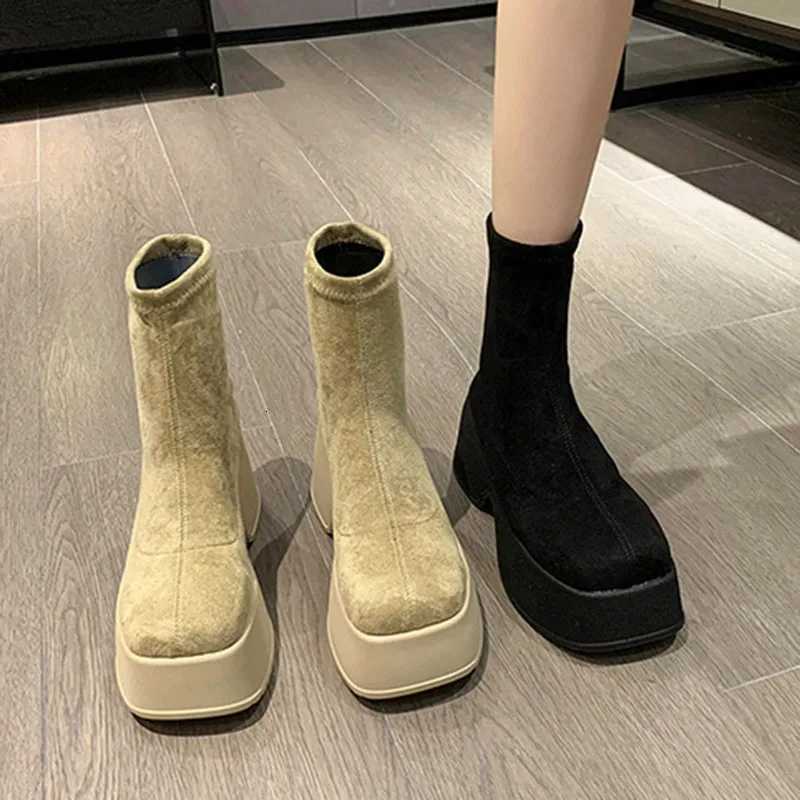 Womens Platform Boots Spring Autumn Suede Fi Ankle Boots Elastic Slip Women Shoes Casual Solid Chunky High Heel Ankle Boots XJ250807