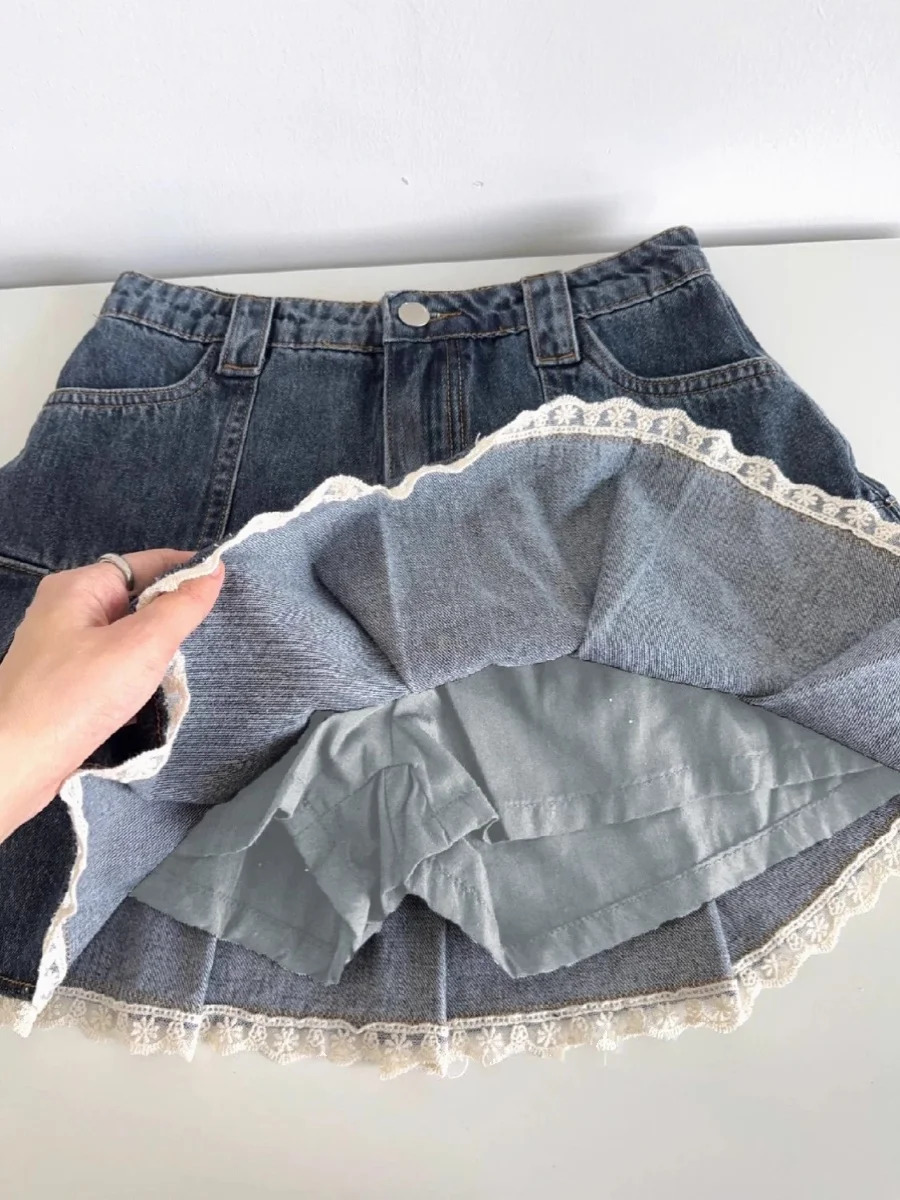 Women Blue A-line Denim Skirt Vintage Aesthetic Y2k Patchwork Lace Jean Skirt Harajuku Korean Cowboy Skirts 2000s Clothes Summer 250804