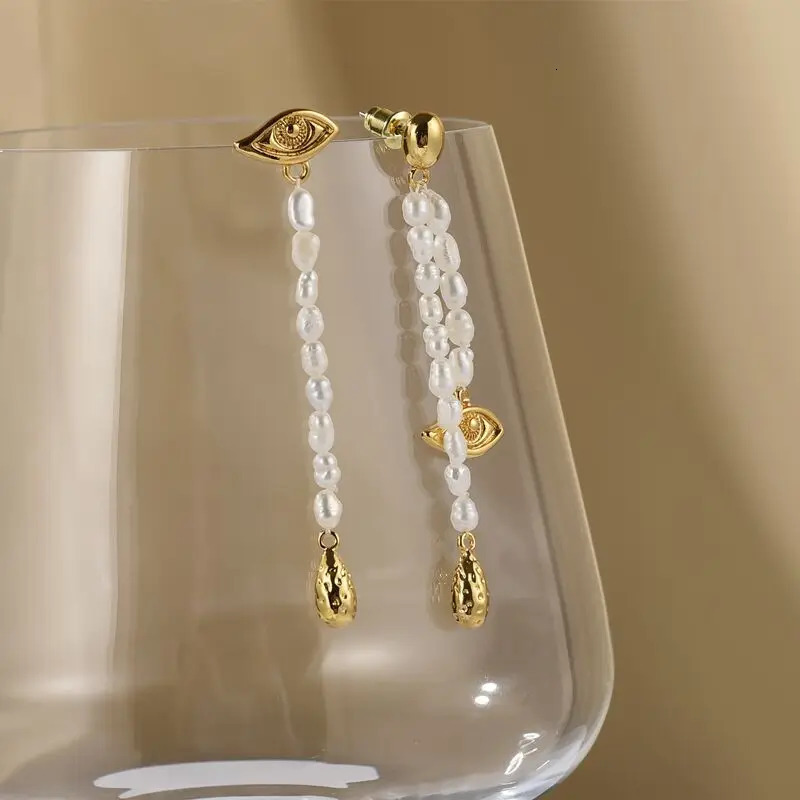 Vintage Dangle Earring Freshwater Pearl Asymmetrical Long Eye Water Drop Earrings for Women Female Daily Jewelry Pendant Gift 250805