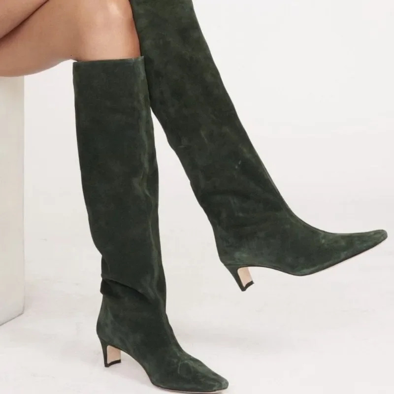 Autumn Winter Square Toe Low Heeled Suede Long Boots European and American Fashion Black Brown Minimalist Knee High Boots 250804