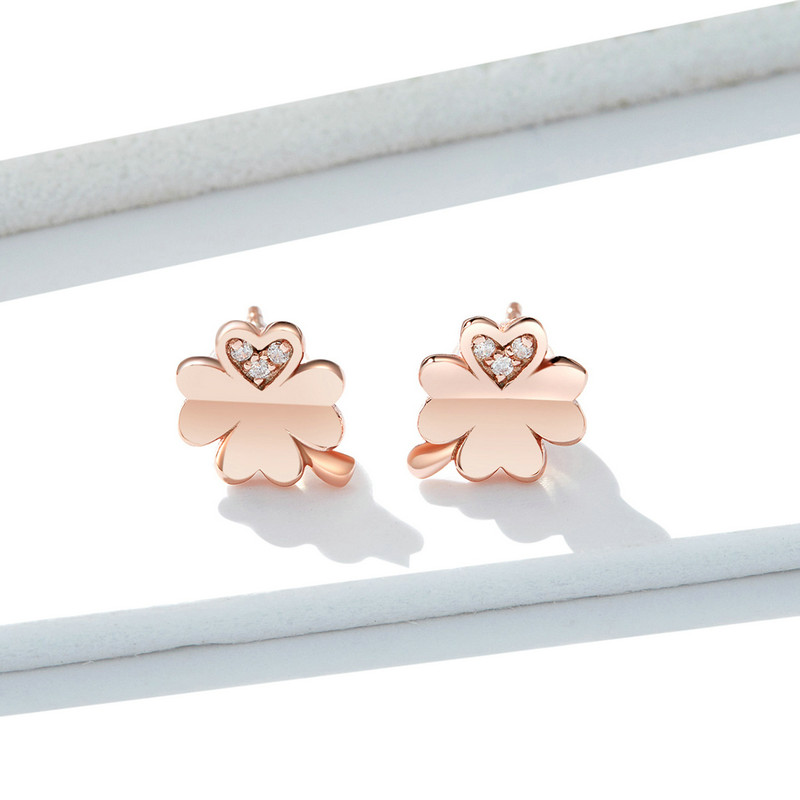 Bamoer Original Four-leaf Clover Stud Earrings S925 Sterling Silver Rose Gold Plated Earrings Plant Personality Fashionable Silver Earrings
