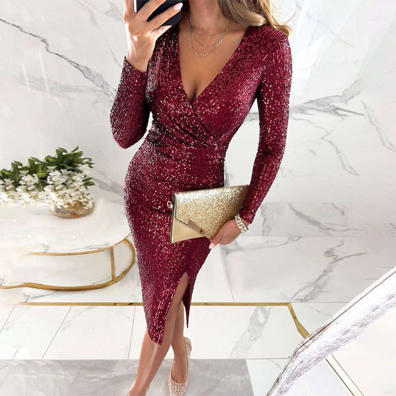 Summer New Women's Sexy V-Neck Bodycon Short Fashion Sequin Dress Gown B5 h7