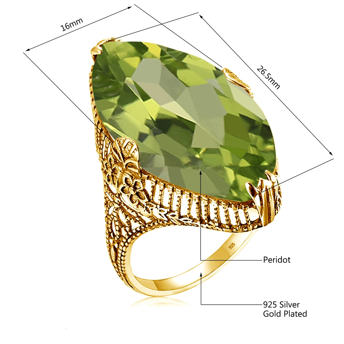 14*26mm Marquise Stone Olive Peridot Ring Gold For Women Trend Jewelry Birthstone Gems Unique Handmade Gift Female Sale 250730