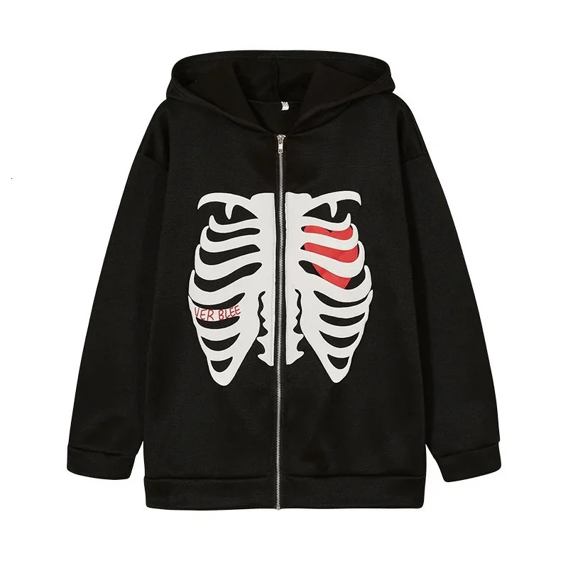 Y2K Skeleton Hoodies Women 2025 Vrouwen Gothic Zwart Zip Up Oversized Sweatshirt Dames Retro Harajuku Capuchon Streetwear Tops 250805
