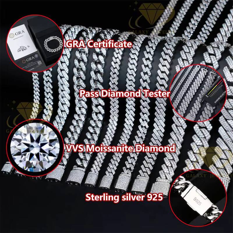 Hiphop Necklace Mossanite Jewelry 10/12/14/16/20mm 925 Silver Iced Out Gold Plated 6rows Heavy Miami Cuban Necklaces for Men