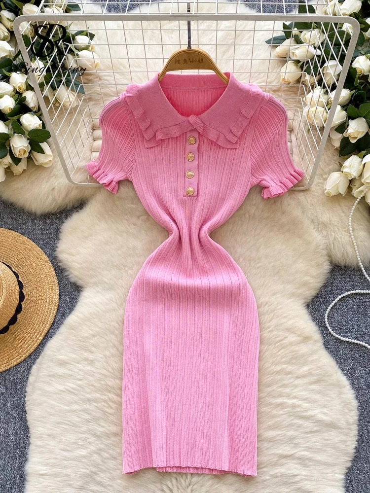 SINGREINY American Retro Knit Bodycon Sundress Women Lapel Neck Short Sleeve Elastic Ruffles Sheath Striped sweet Dress 250807