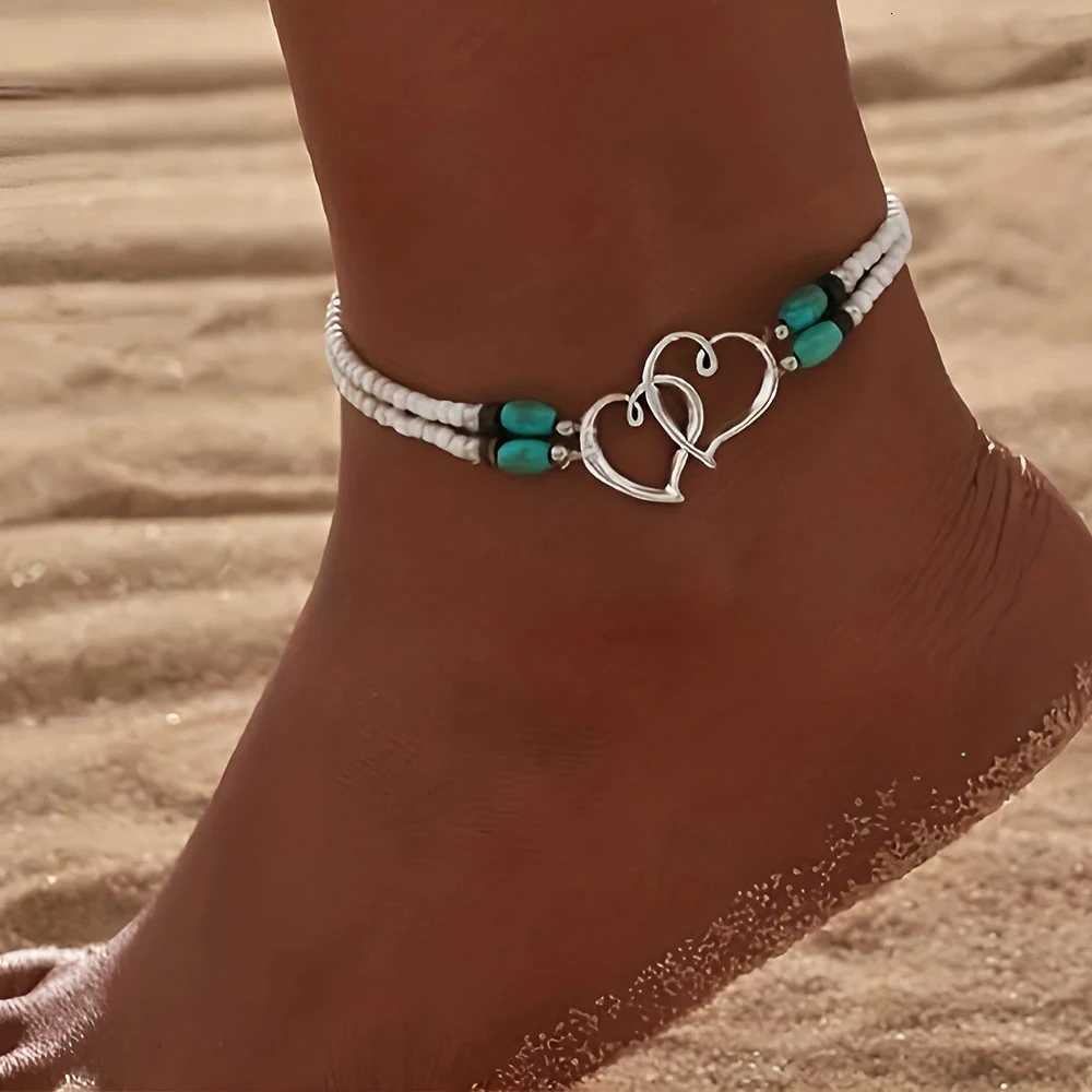 Summer Beach Boho Double Heart Anklets for Women Fashion Shell Starfish Ankle on Leg Barefoot Handcraft Chain Jewelry Y250805
