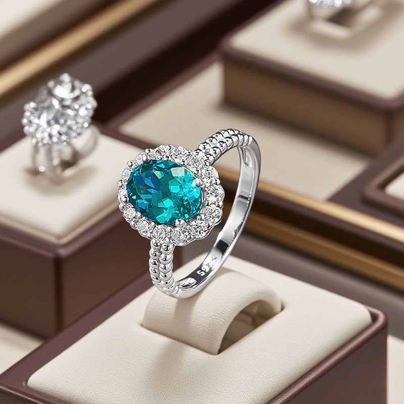 Hui Zhi Wing Jewelry New S Silver Inlaid 1.5 Paraiba Greenish Bottom Ring for Women Daily Wear
