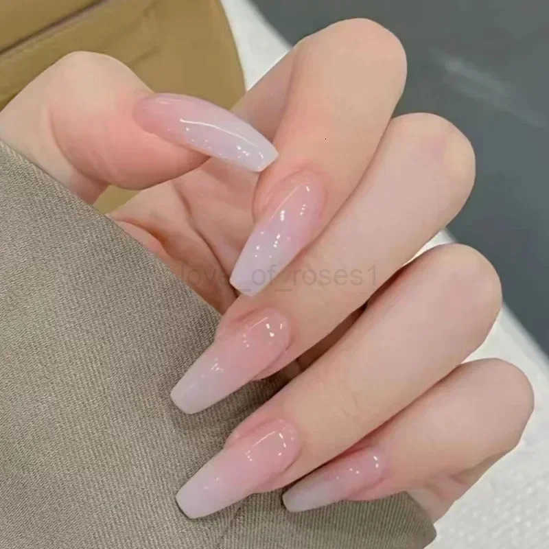 24Pcs Wearable False Nails with Glue Simple French Pink Ballerina Fake Nails Detachable Full Cover Nail Tips Press on Nails Z250807