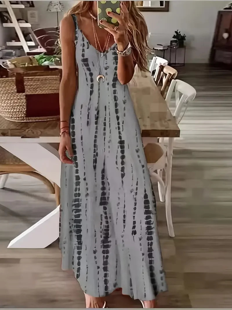 Womens Casual Loose Vneck Tie Dye Printed Spaghetti Maxi Dress Summer Beach Vacation Long 250807