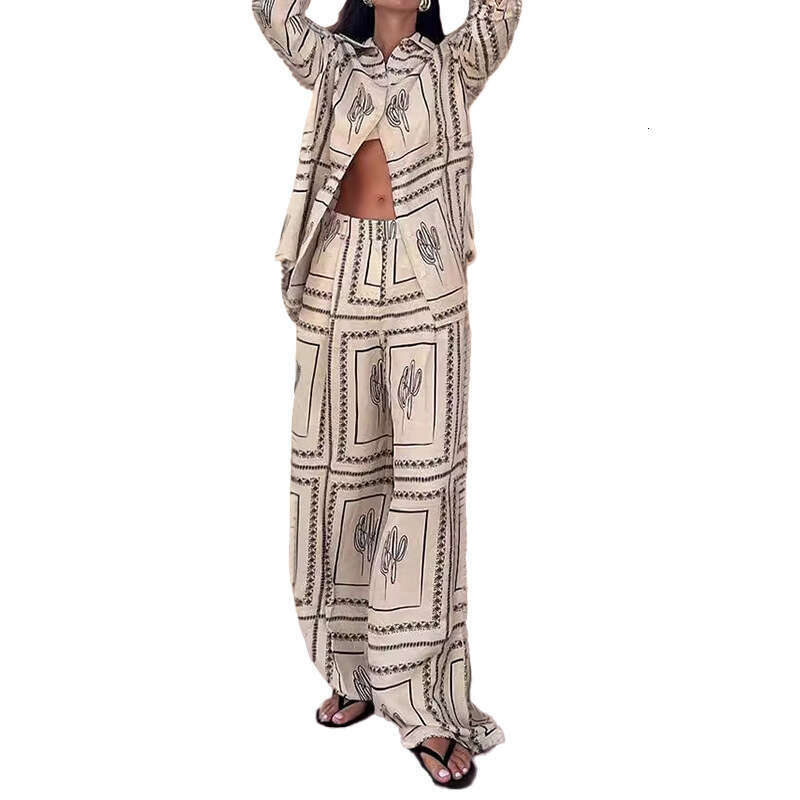 Women's Printed Long Sleeve Shirt Wide Leg Pants Early Autumn Lazy Style Fashion Set Homewear B5 h7