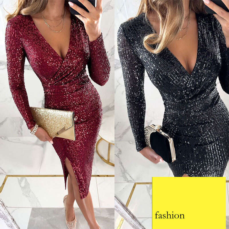 Summer New Women's Sexy V-Neck Bodycon Short Fashion Sequin Dress Gown B5 h7