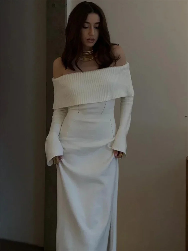 Tossy White Autumn Knit Sweater Long Dress Women Ribbed High Waist Fashion Off-Shoulder Loose Party Dress Female Knitwear Dress 250806