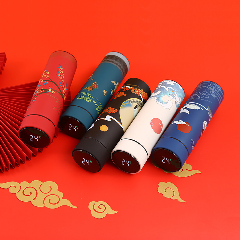 17oz 1pc Chinese Style Thermal Bottle Retro Smart Temperature Display Insulated Cup 17 oz Stainless Steel Tumblers Water Bottles 500ML W260226