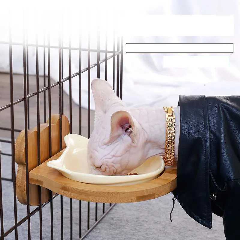 Fashion Adjustment Ceramic Pet Cage Wall Hanging Feeding Bowl with Wood Holder Cat Dog Food Drinking Bowl Puppy Feeder Supplies Y250806