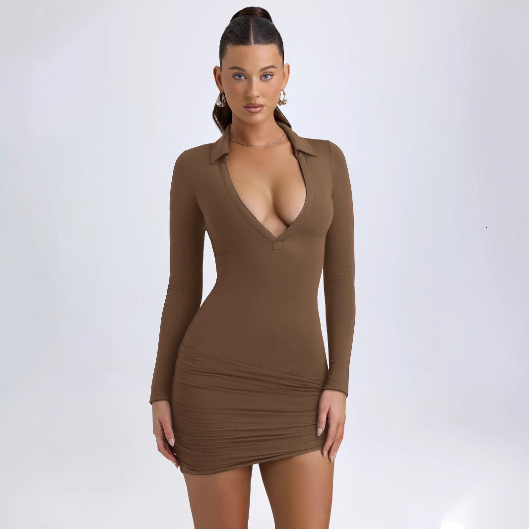 Y2K Sexy Solid Color Deep V Design Turn-Down Collar Long Sleeve Pure Desire Style Slim Fit Bodycon Mini Dress
