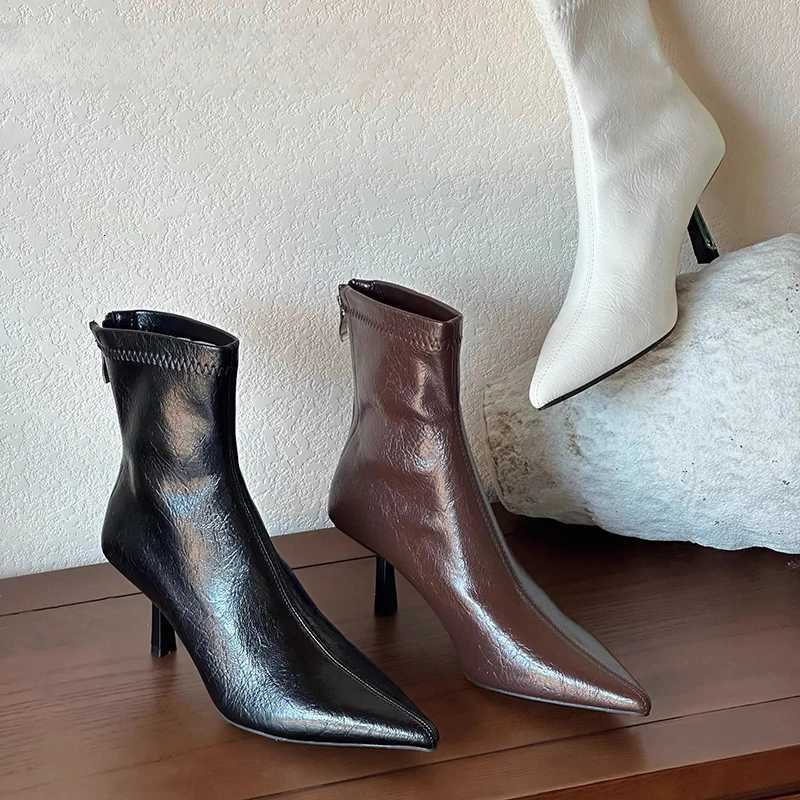 2025 Spring Pointed Toe Women Modern Ankle Boots Fi Soft Leather Short Booties Ccise High Heels Shoes XJ250807