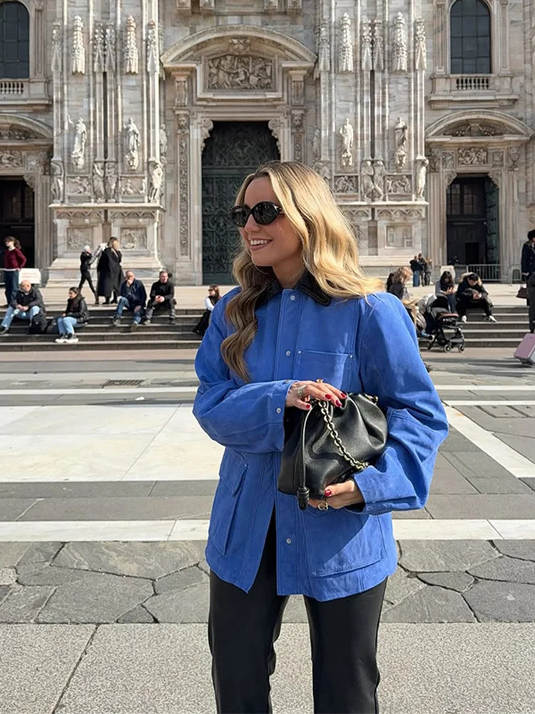 Suede Blue Contrst Color Womens Jacket Single Breasted Lapel Full Sleeves Pocket Coats Spring Lady High Street Outwear Top 250805