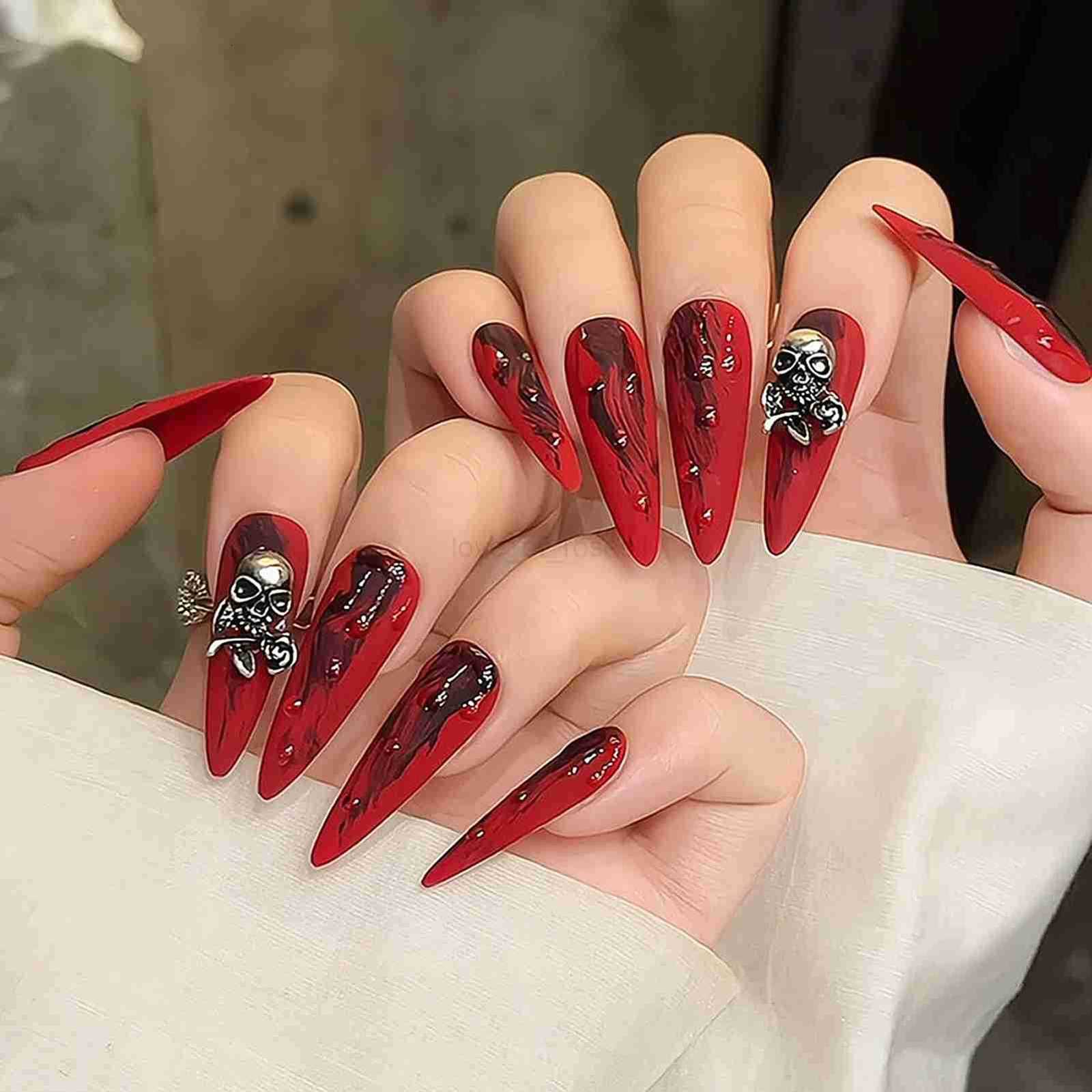 Handmade Press On Nails Red Long Stiletto False Nails With Metal Ghost Designs Full Cover Wearable Manicure For Halloween Z250807