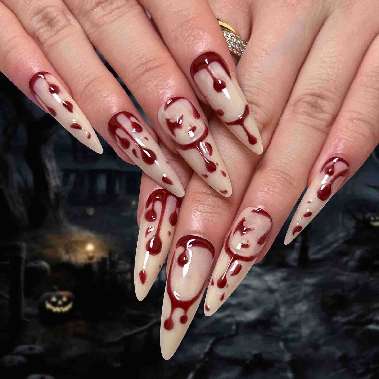 24Pcs Halloween Press on Nails Full Cover Easter Bat Cool Y2k Almond Fake Nails Wearable Manicure Nail Tips Art Z250807
