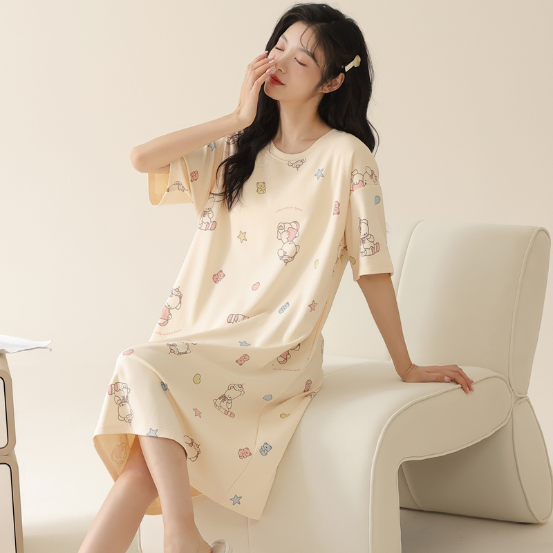 B1010-Woven nightdress women's summer cotton short-sleeved mid-length dress casual cartoon pajamas home clothes 2025 style