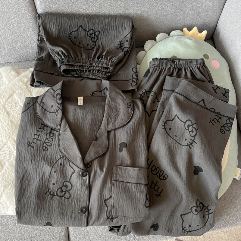 X207-Summer cloud pure cotton yarn pajamas women's summer short-sleeved loose large size three-piece suit home clothes