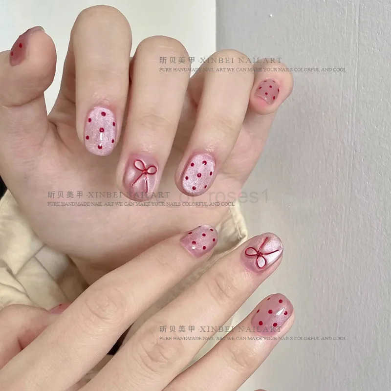 10pcs Ballet Short Nail Tips Set - Glossy Finish Polka Dot Solid Color Designs with 3D Bow Accents Nail Art for Women and Girls Z250807