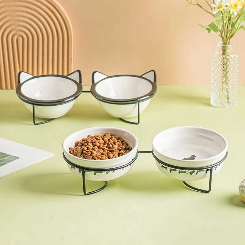 Cute Paw Print Cat Bowl Cartoon Pet Ceramic Bowl Iron Frame Double Bowl Dog Cat Universal High Quality Non-slip Bowl Pet Feeder Y250806