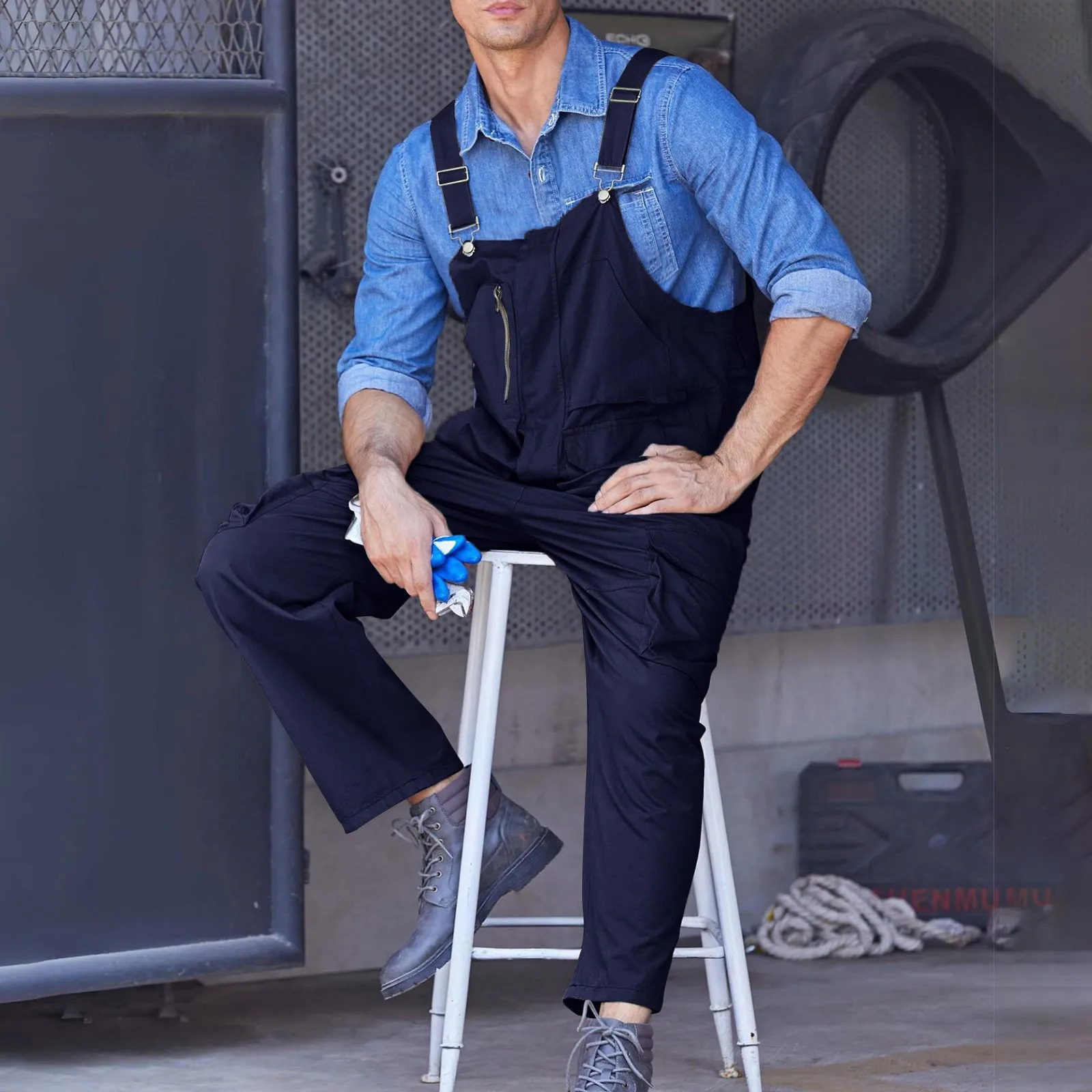 Bib Jumpsuit Trendy Wide Leg Men Overalls SkinFriendly Cargo OnePiece Adjustable Suspender Straps Work Wear 250804