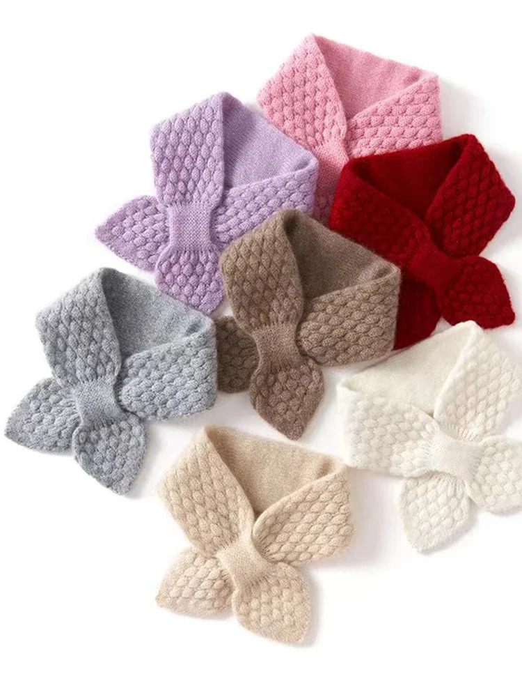 Women 100% Pure Cashmere Knitted Small Bowknot Scarf Neckerchief Moss Stitch Soft Neck Warmer Ring Collar Female Boutique Acc 250806