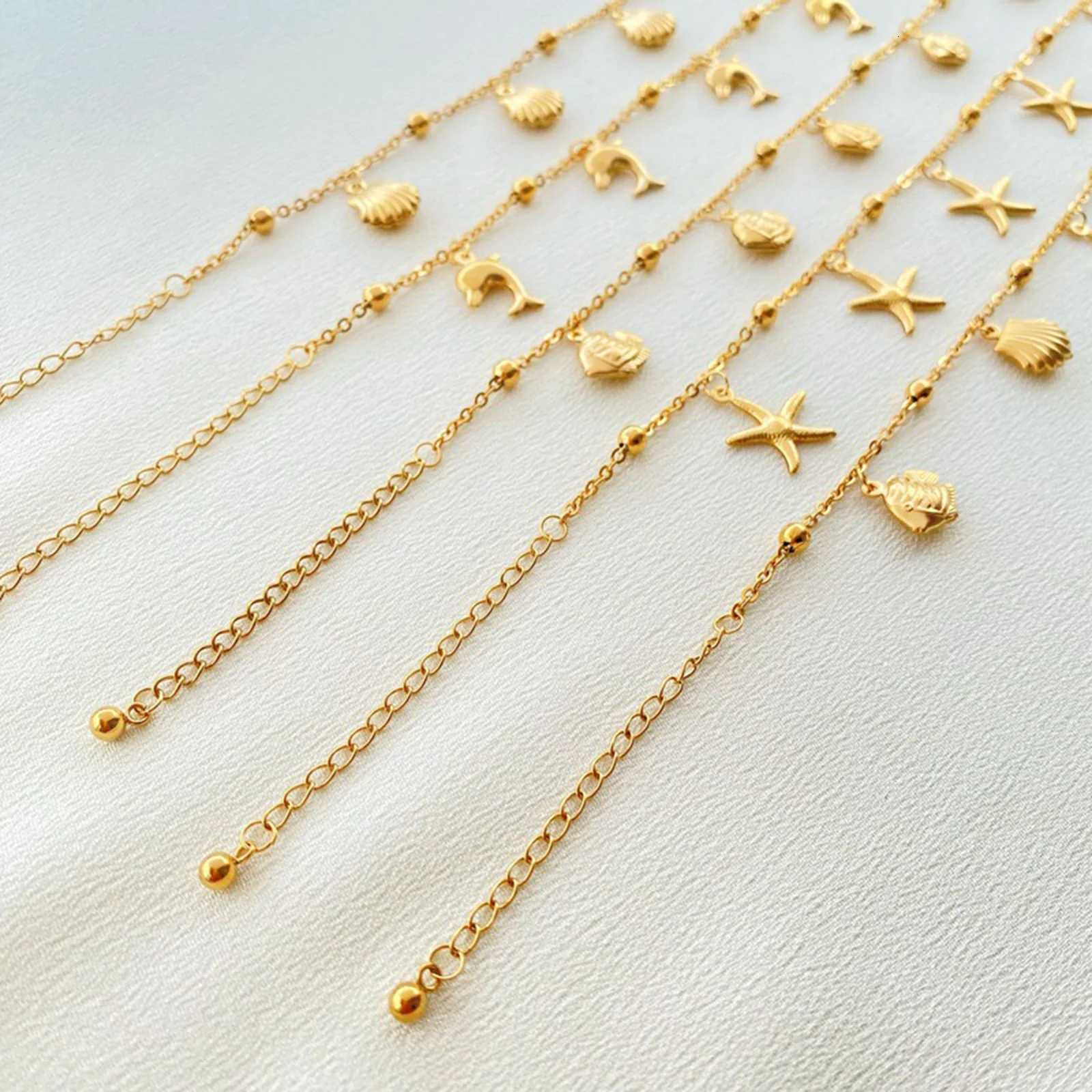 New Stainless Steel Link Cable Chain Anklet Gold Color Marine Animal Dolphin.Starfish For Women Beach 21cm(8 2/8) Long 1 Piece Y250805
