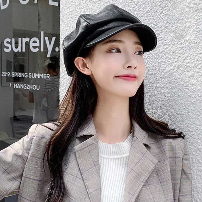 Fashion Solid Color Octagonal C Hats Female Autumn Winter Leather Panama Stylish Artist Painter Newsboy Cs Beret Woman Hat XJ250807