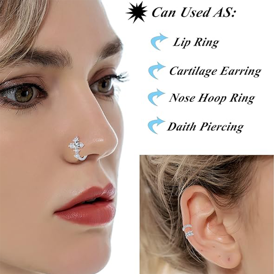 10Pcs Nose Ring Hoop Paved Flower Leaf Butterfly Feather CZ Cartilage Earrings Nose Piercing Jewelry for Women Men Silver Tone 20G