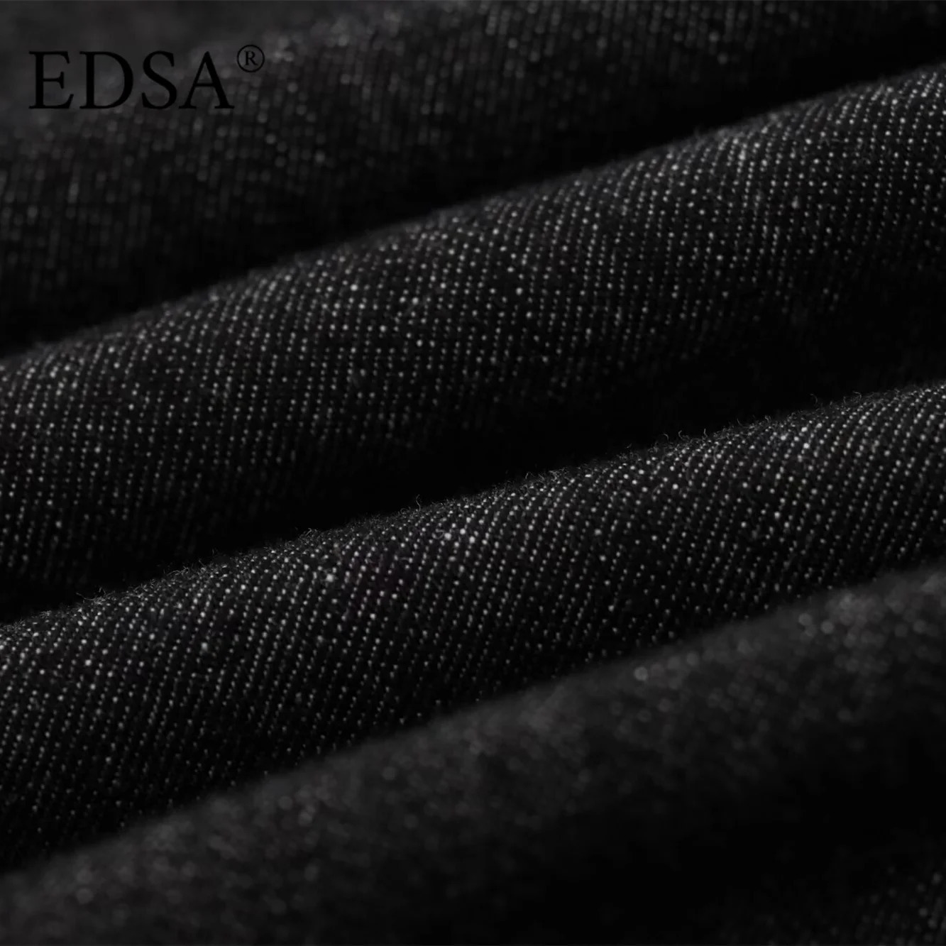 EDSA Women Black Denim Pants Set Fitted Shirt with Patch Pockets Pintuck Straight Leg Jeans Long Suit 250729