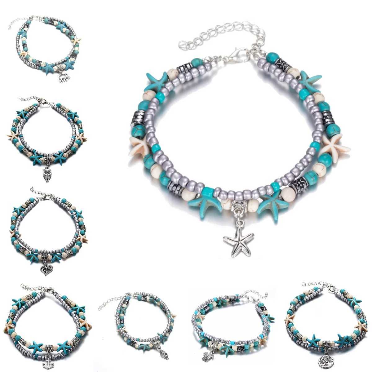 Vintage Turquoise Starfish Turtle Foot Ornaments Beach Layer Beaded Hollow Double Anklet for women Valentines Day Gift Y250805